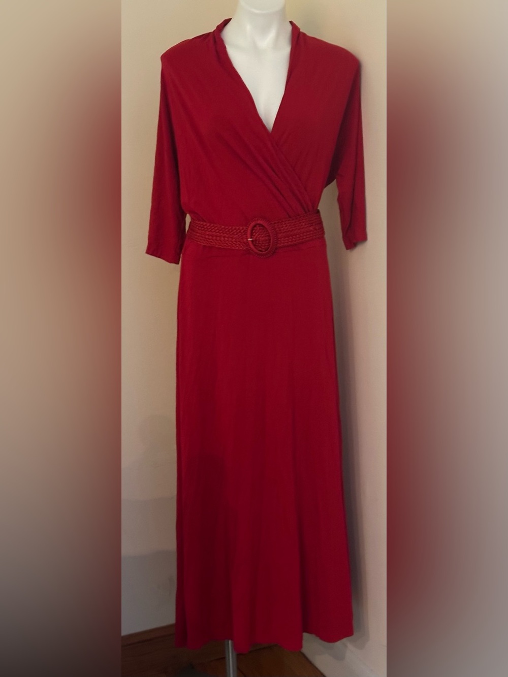 TALBOTS Crimson Red, Wrap Style, 3/4 Sleeve Maxi Dress W/Woven Belt Sz. 18
